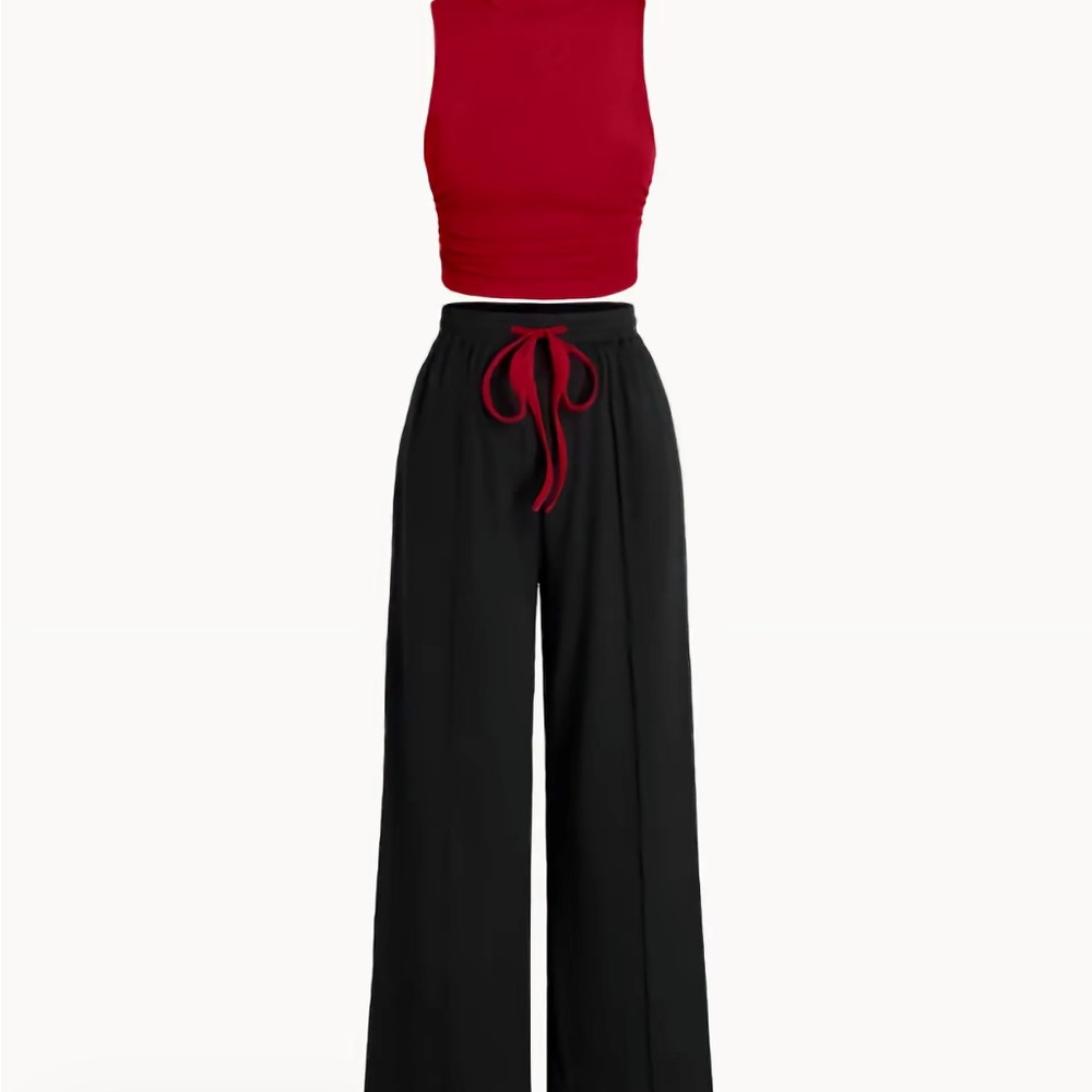 High-Waist Wide Leg Jumpsuit Pants with Red Drawstring 2 piece